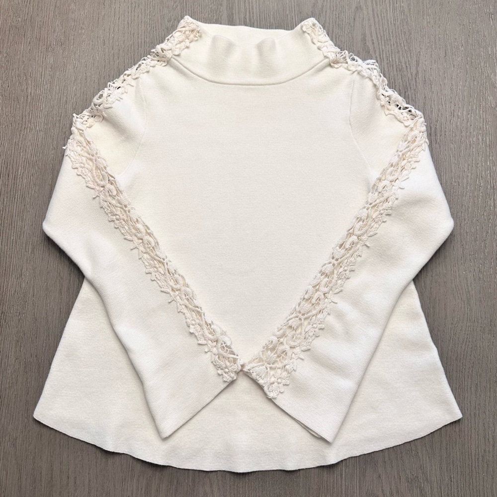 Anthropologie Ivory Cashmere Blend Funnel Neck Sweater w/ Lace Shoulders | M - Picture 2 of 7
